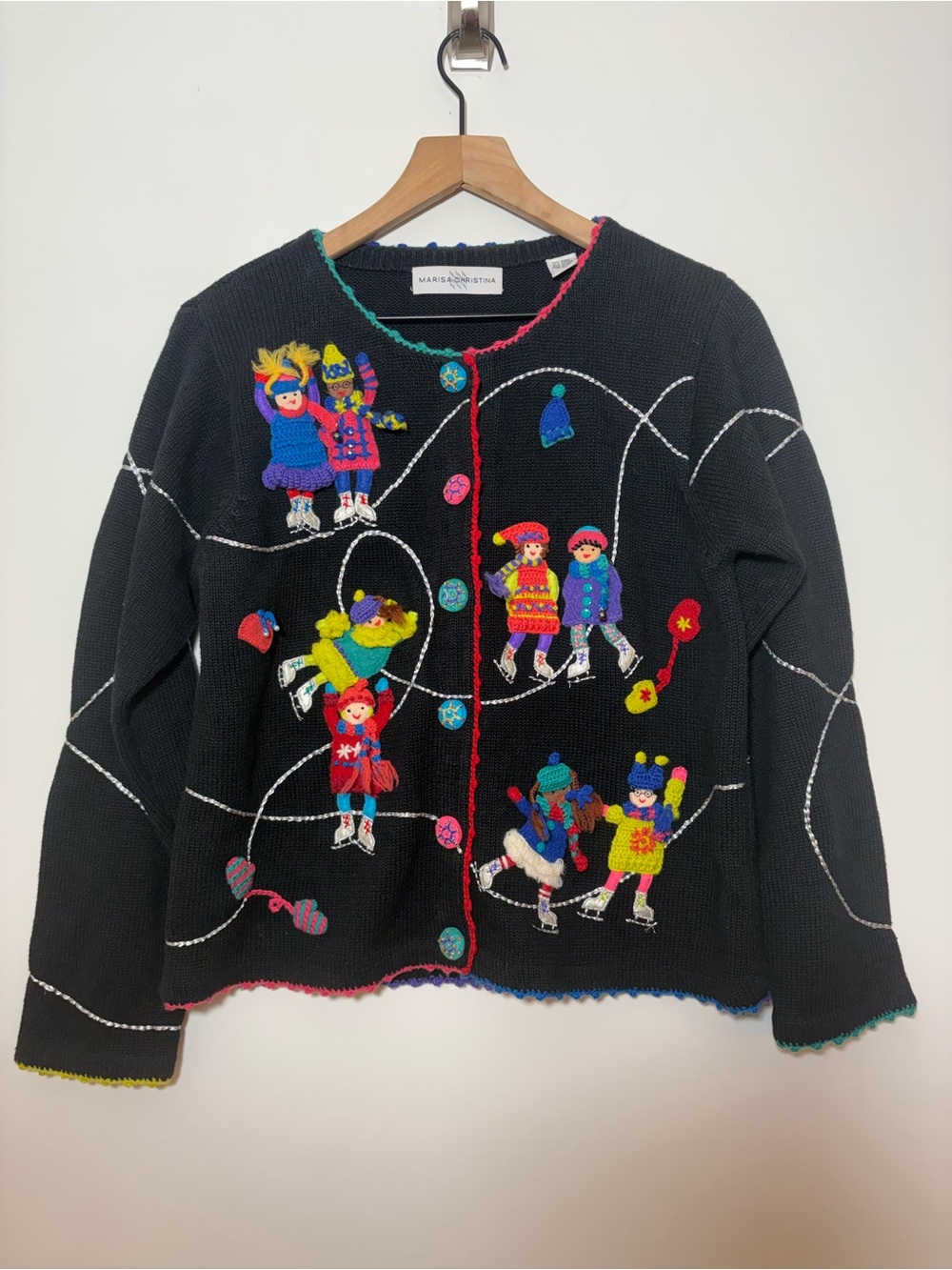 Vintage Christmas Ice Skaters All Over Knit Novelty Cardigan Ugly Sweater Sz M